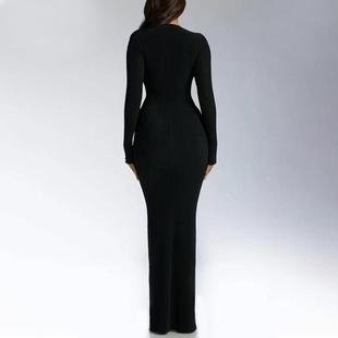 dress cut low color solid bodycon long neck elegant women