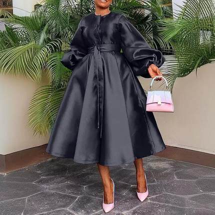 women lantern long button front with sashes big swing satin