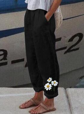 Cotton pants womens waist wide-leg high beltless linen