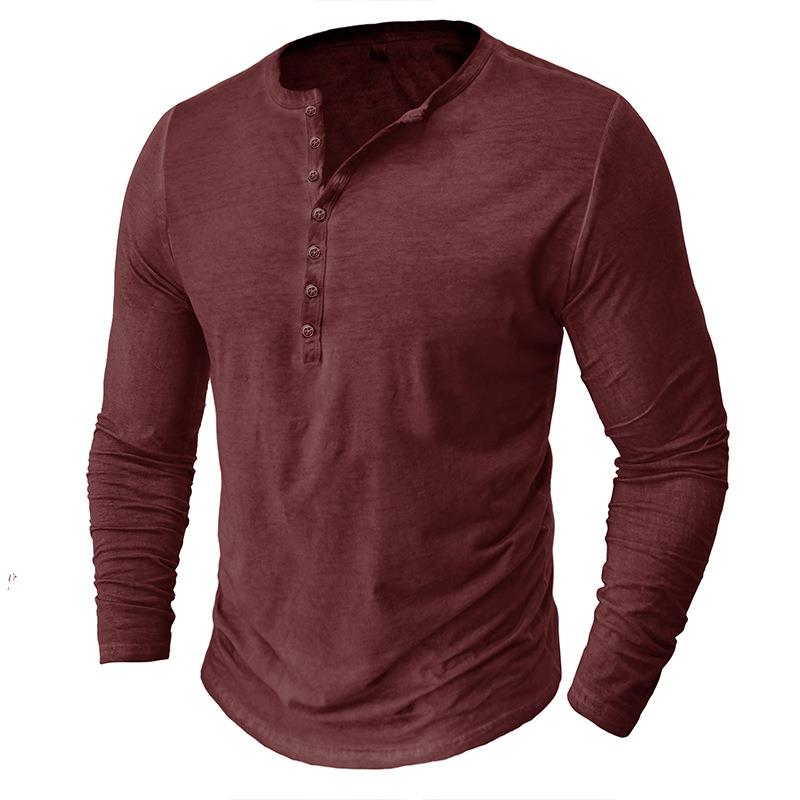 Mens Distressed Henry Vintage Long Sleeve T-Shirt Button