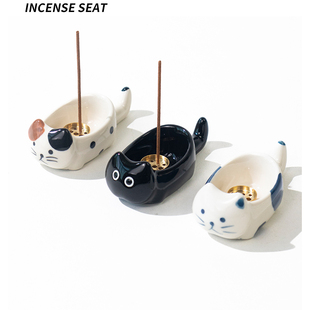可爱陶瓷猫咪线香香插底座小众香薰摆件小巧香盘高级感香座小礼物
