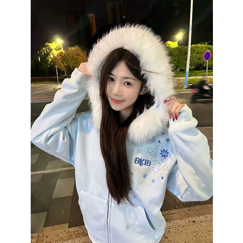 蓝色雪花刺绣毛领卫衣女开衫外套