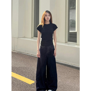 女t恤夏季 爆款 黑色正肩短袖 2025新款 辣妹上衣 小个子修身 显瘦短款