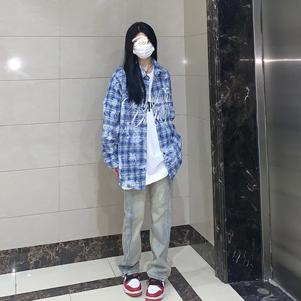美式高街蓝色格子衬衫女夏季薄款长袖上衣设计感小众2023新款外套