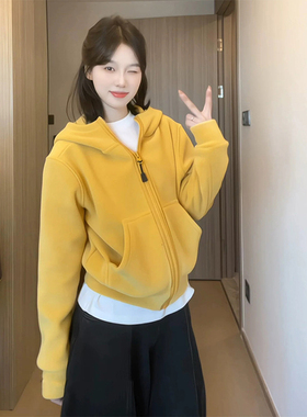 黄色加绒奥粒绒连帽卫衣女秋冬2025新款加厚短款宽松拉链开衫外套