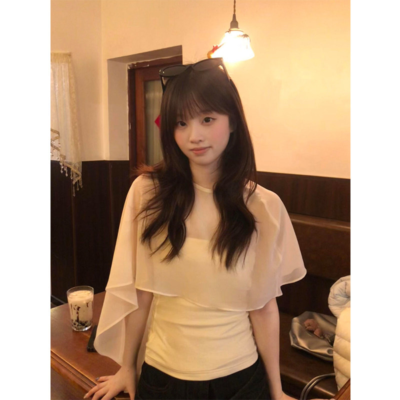 假两件斗篷雪纺衫短袖t恤女夏新款韩系修身设计感小众不规则上衣