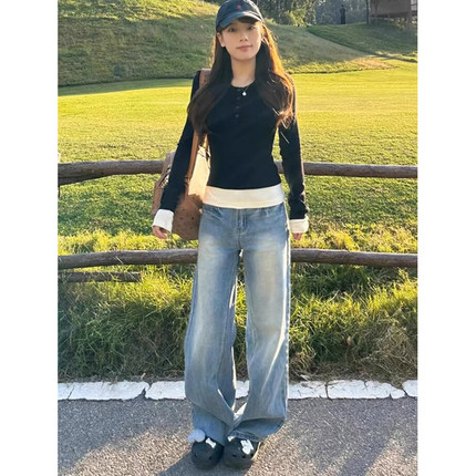 黑色拼接假两件打底衫长袖t恤女秋冬内搭修身显瘦设计感小众上衣