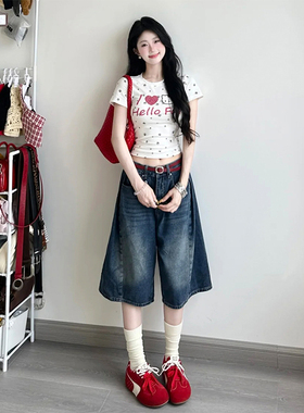 白色爱心kitty猫狗爪满印印花辣妹短袖t恤女夏季美式修身短款上衣