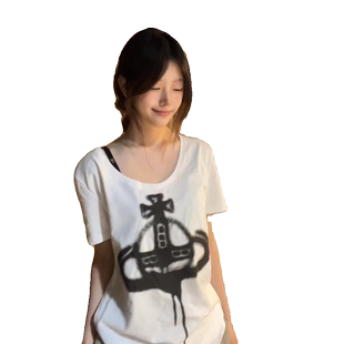 白色大u领宽松土星印花短袖t恤女2024新款夏季美式设计感小众上衣