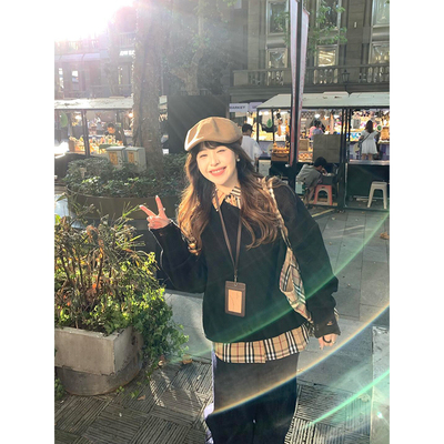 格子拼接假两件polo领卫衣女秋冬