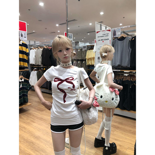 收腰显瘦短款 美式 t恤女夏新款 修身 chic甜辣妹上衣 正肩蝴蝶结短袖