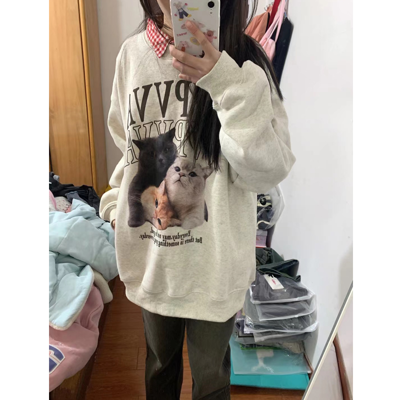 正肩猫咪圆领卫衣女无帽春秋上衣