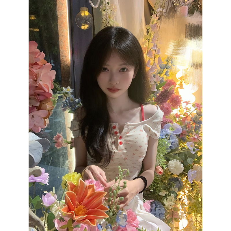 碎花假两件正肩短袖女t恤夏上衣