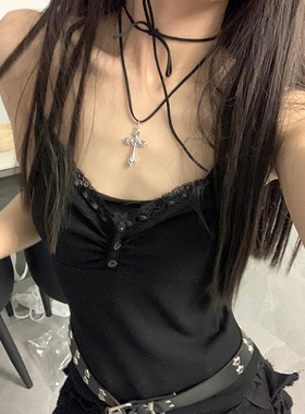 黑色蕾丝吊带背心女夏季外穿独特别致设计感小众辣妹修身内搭上衣