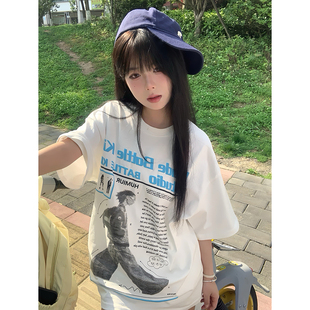 白色纯棉人像印花情侣短袖 高街设计感小众上衣 t恤女夏季 潮牌美式