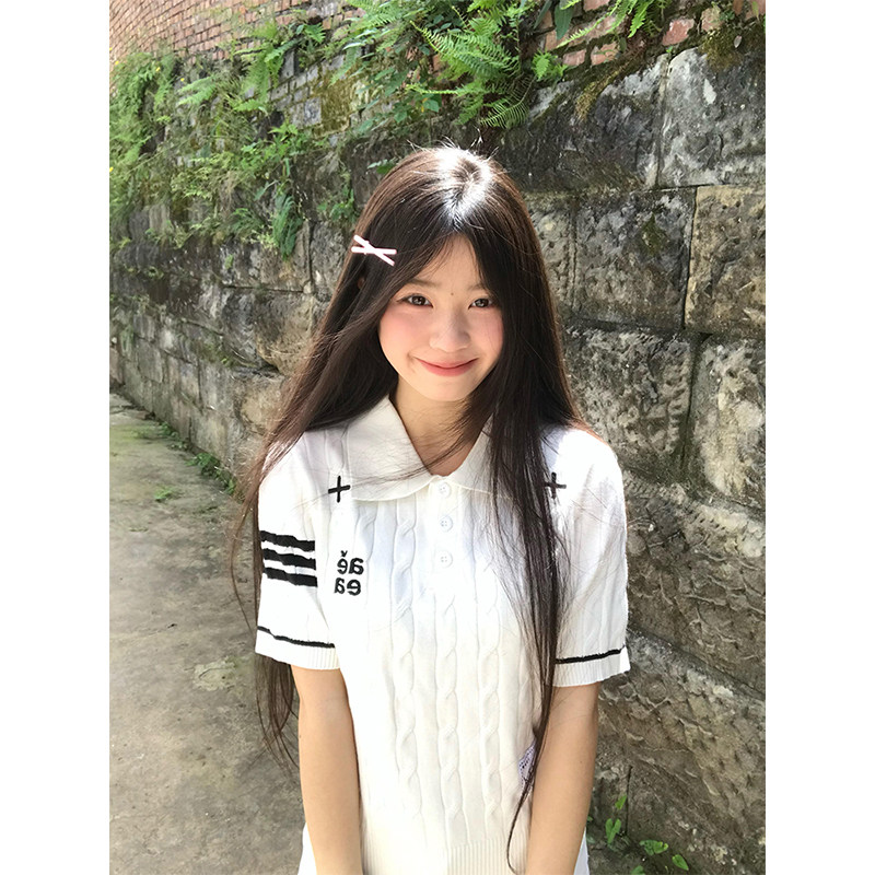 白色三条杆麻花polo针织衫翻领短袖t恤女夏季修身显瘦老钱风上衣