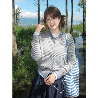 假两件撞色条纹开衫毛衣外套女款