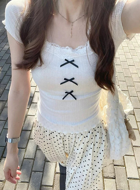 白色蝴蝶结蕾丝正肩短袖t恤女2024新款夏季bm设计感小众辣妹上衣