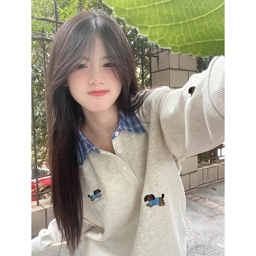 美式假两件polo领卫衣女秋冬加绒