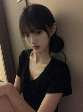 黑色纯棉短袖v领正肩t恤女2026新款夏季修身显瘦气质百搭辣妹上衣