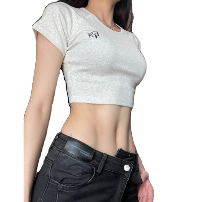 美式复古别致正肩短袖t恤女夏季