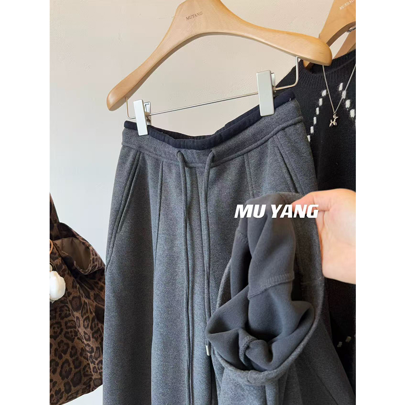 灰色羊毛加绒加厚卫裤子女秋冬季