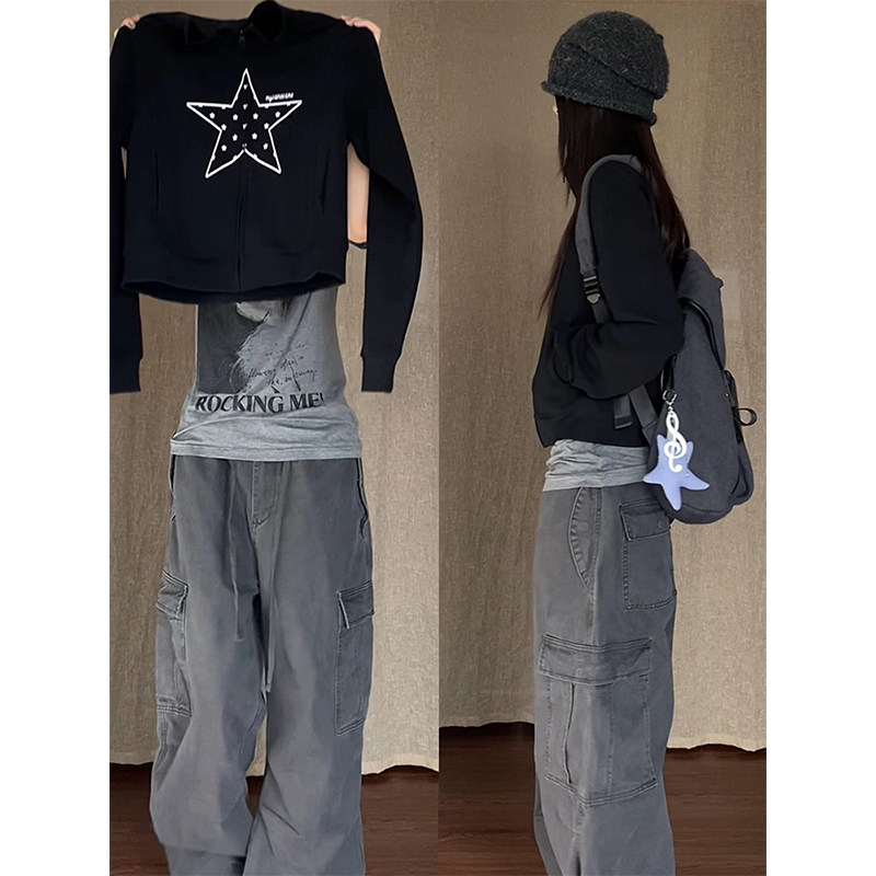 星星印花立领开衫短款卫衣外套女图片