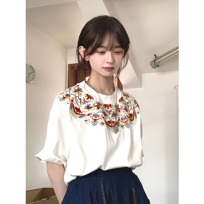 新中式国风刺绣纯棉短袖t恤女夏