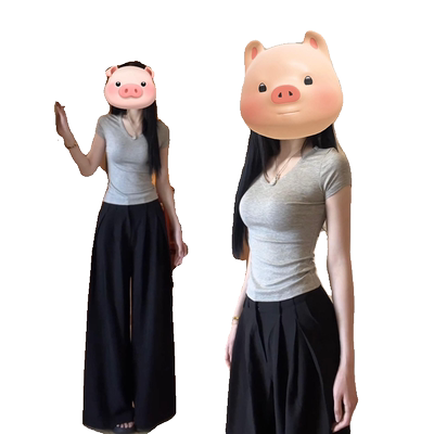 灰色v领正肩短袖t恤女夏短款上衣