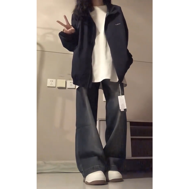 美式高街微喇直筒牛仔裤女春秋