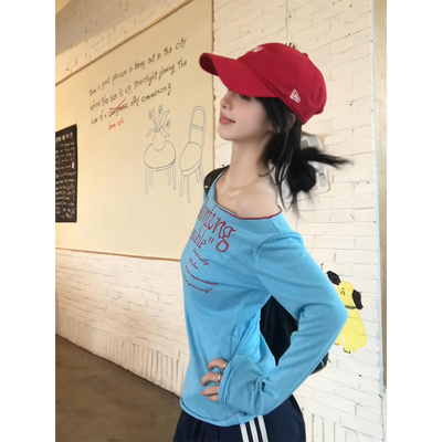 斜肩防晒罩衫长袖t恤女修身上衣