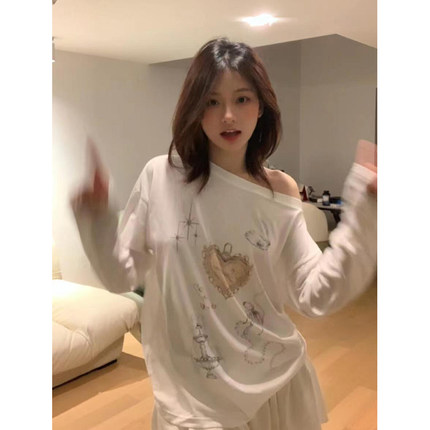 白色印花长袖t恤微透防晒罩衫女夏季薄款网纱慵懒风宽松显瘦上衣