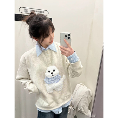 小狗刺绣POLO领卫衣女无帽假两件