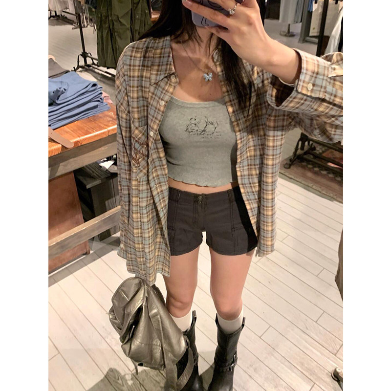 美式复古BM格子衬衫女夏季薄款