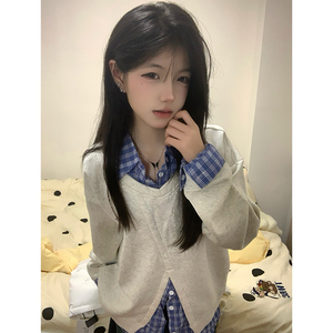 美式假两件polo领卫衣女秋冬加绒2024新款爆款小个子拼接衬衫上衣