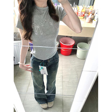 灰色蝴蝶结印花正肩短袖t恤女夏季美式短款修身显瘦甜酷辣妹上衣