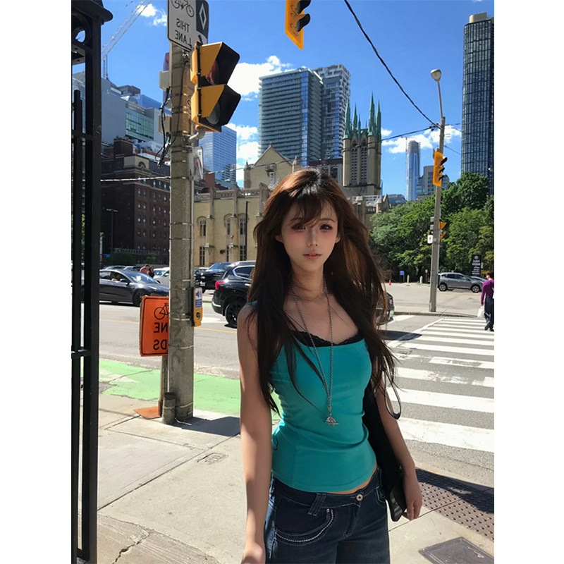 y2k古早感薄荷绿蕾丝吊带背心女图片