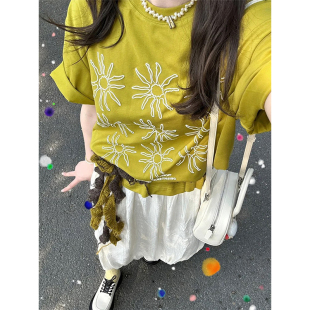 上衣 韩系太阳印花短袖 t恤女2025新款 夏季 休闲宽松韩系慵懒风半袖