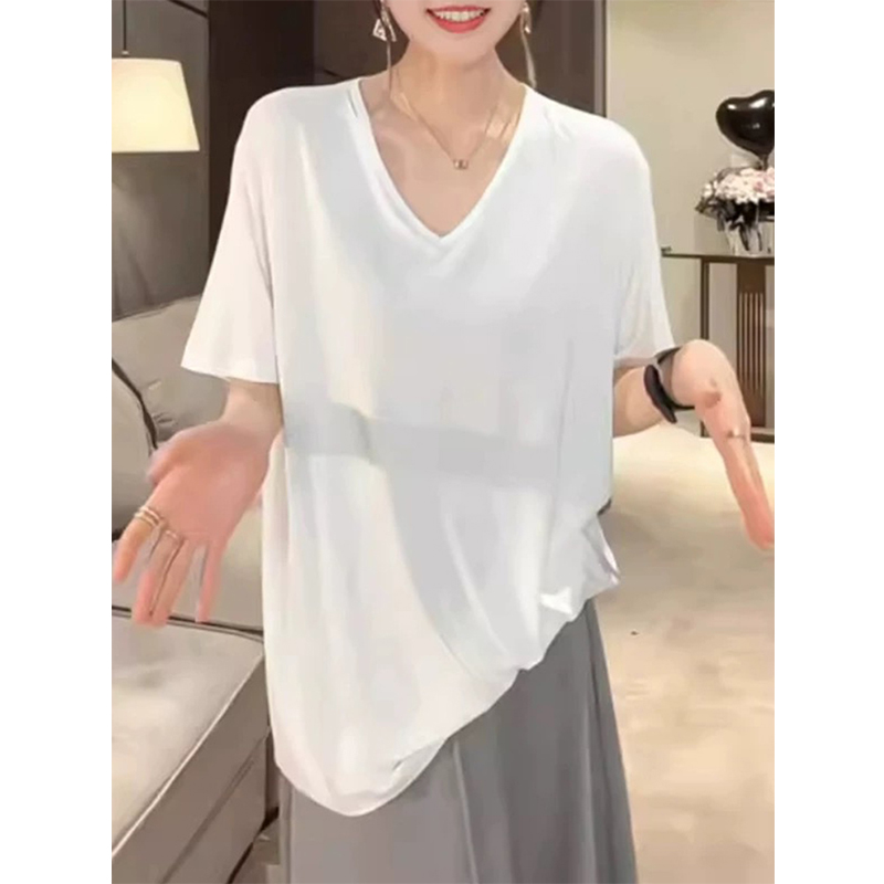 白色v领短袖t恤女士夏季宽松上衣