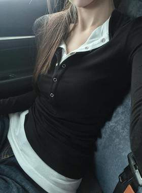 黑色假两件打底衫长袖t恤女春秋2025新款修身显瘦设计感小众上衣