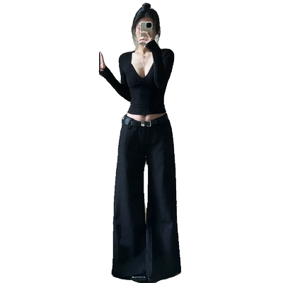 黑色V领内搭长袖t恤打底衫女秋冬