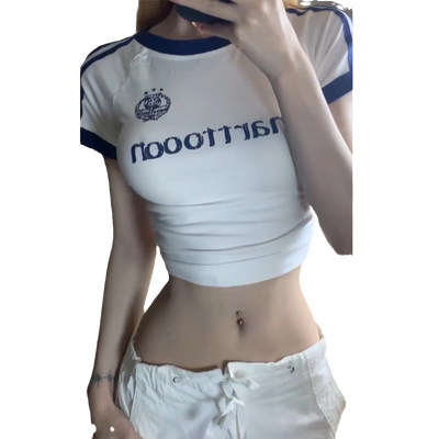 美式正肩运动褶皱三杆短袖t恤女