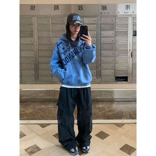 耳机字母印花蓝色连帽卫衣女春秋