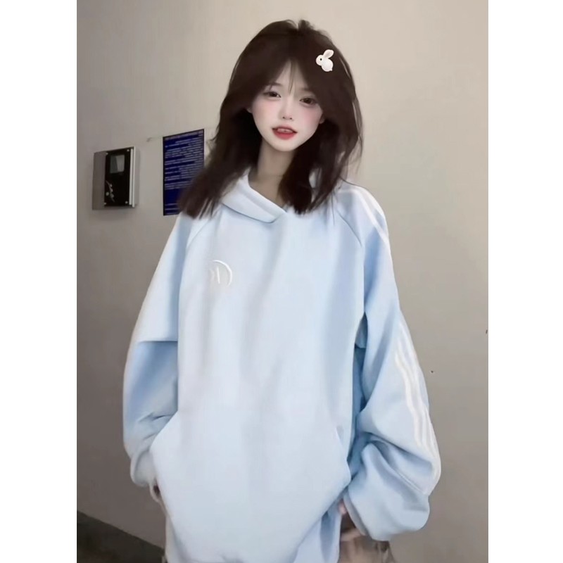 美式拼接三条杆连帽卫衣女秋冬款