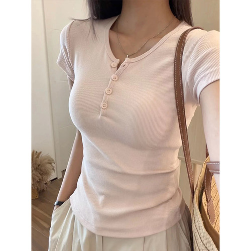 bm粉色纽扣V领短袖正肩女t恤上衣