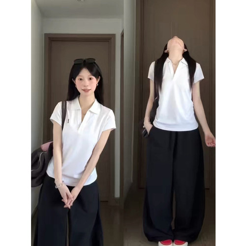 polo衫正肩v领短袖t恤女收腰上衣