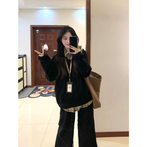 黑色格子拼接V领卫衣女春秋冬2024新款爆款假两件设计感小众上衣