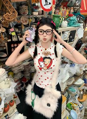 白色正肩爱心印花波点短袖t恤女夏季chic甜辣妹修身显瘦短款上衣