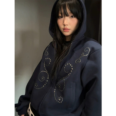 美式复古重工柳钉卫衣女短款外套