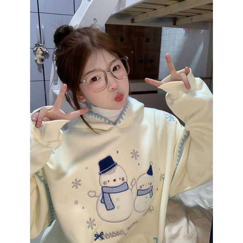 刺绣雪人连帽卫衣女2025新款潮牌